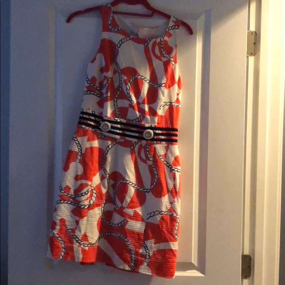 lilly pulitzer orange dress Mikayla Linen Midi Above the knee Shaley Tunic Dress - Sunset